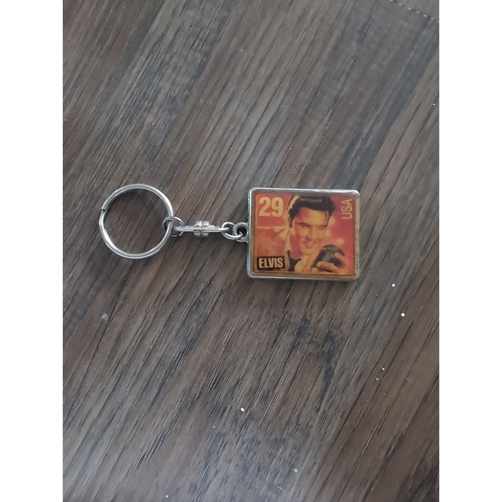 Elvis Presley 29 Cent USA Stamp Keychain Vintage Style Rock and Roll Silver Tone
